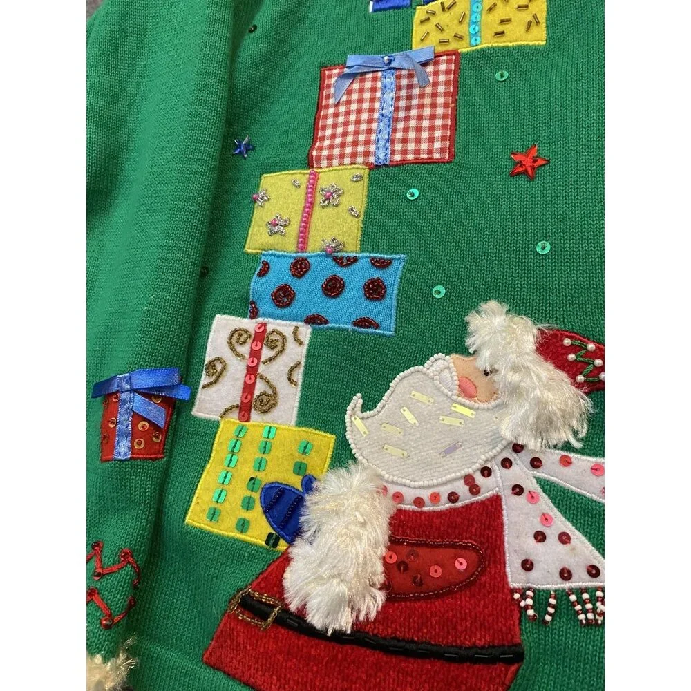 Berek Cardigan Sweater Womens Medium Green Santa Christmas Tree Beaded Ugly - Picture 2 of 11